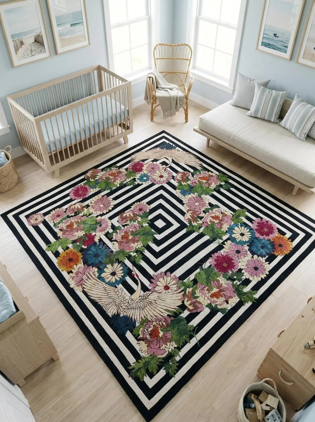 Hand-tufted Wool Rug, Japanese Crane Floral Area Rug, Black-and-White Geometric Striped Carpet