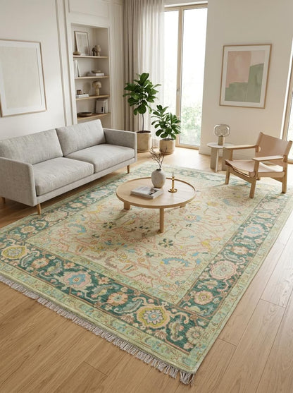 Traditional Pastel Floral Anatolian Hand Knotted Oushak Rug