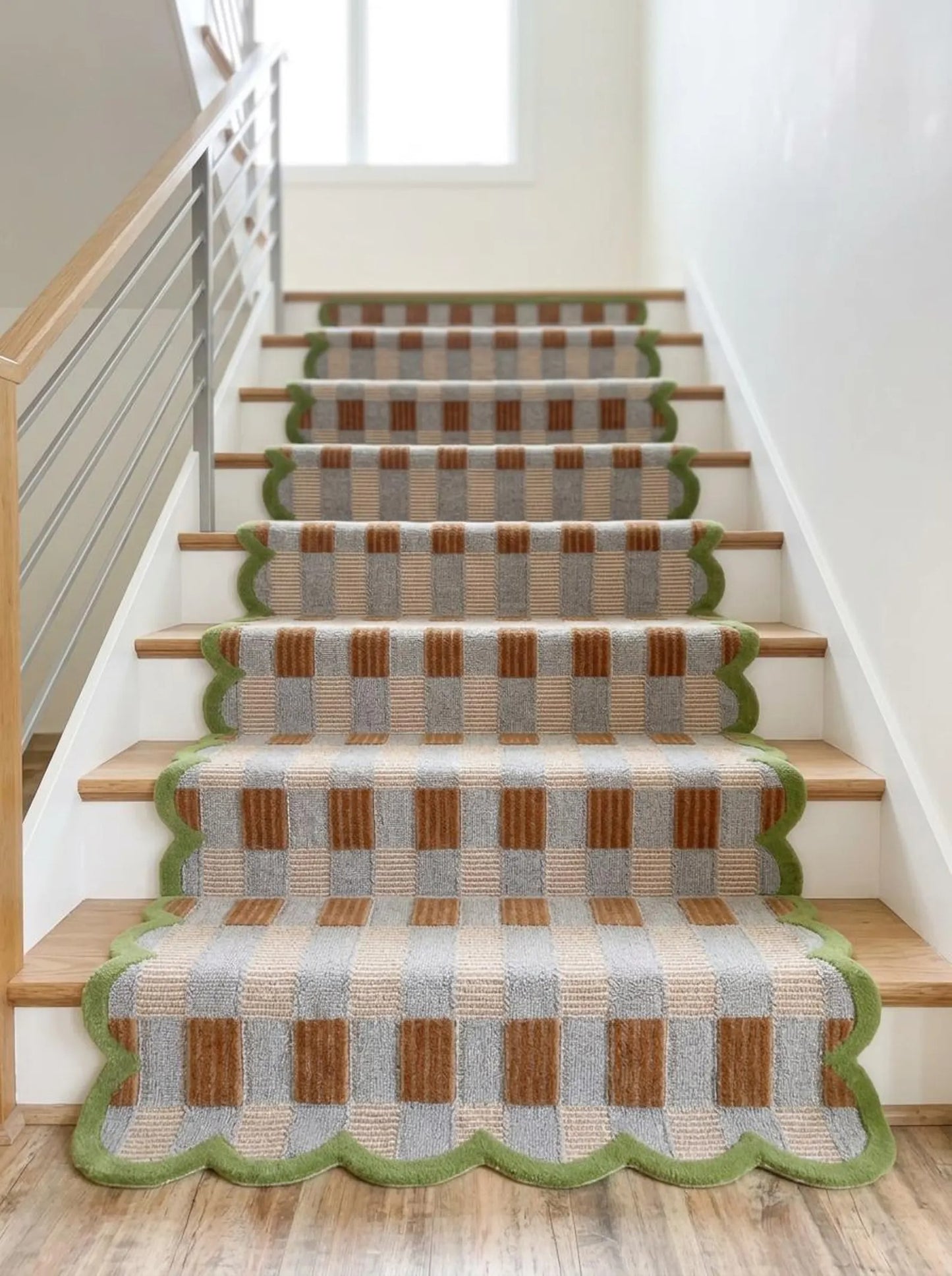 Scalloped Checkered Hallway Runner, Blue-Brown-Green Geometric Runner