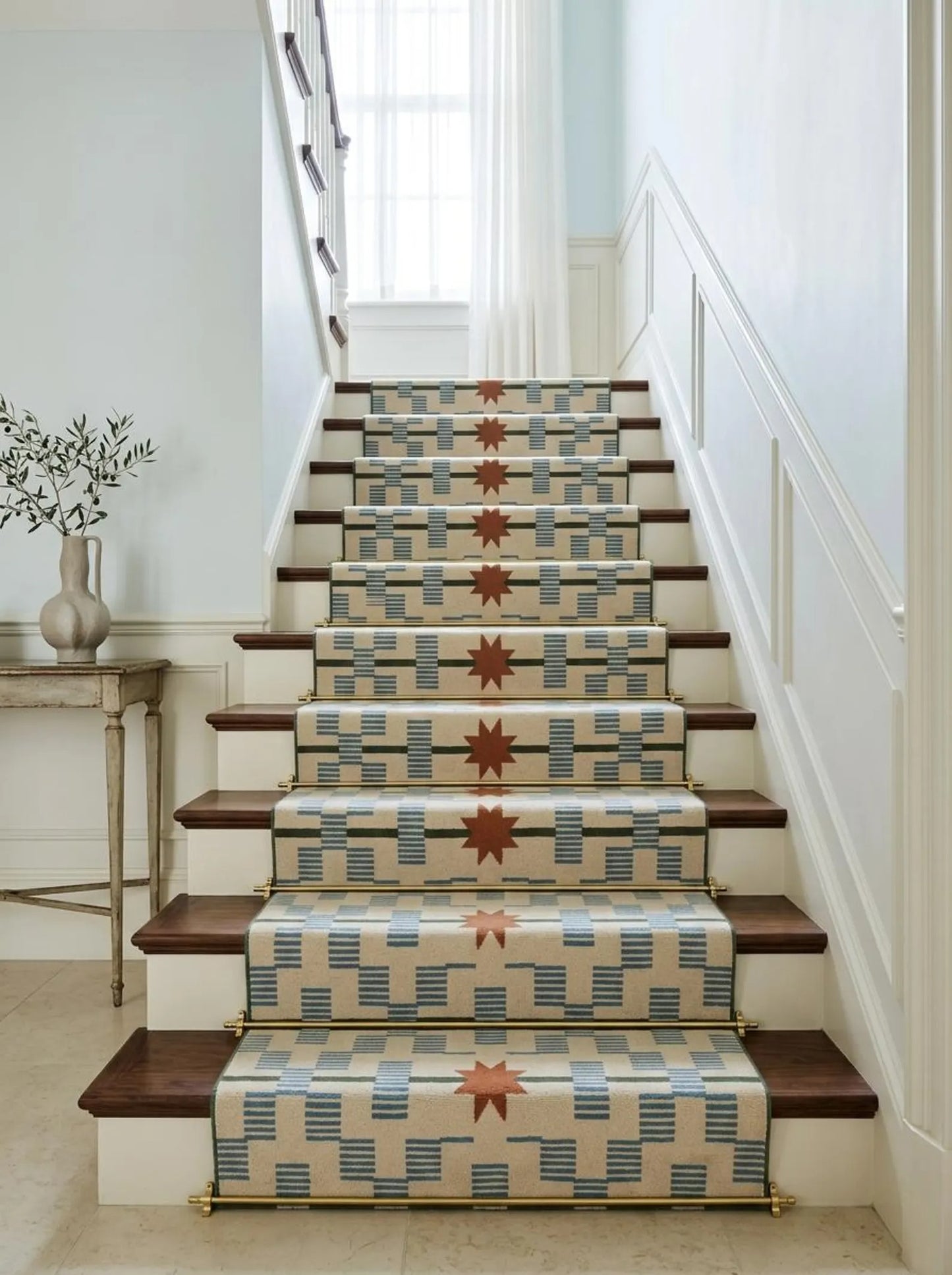 Hand-Tufted Wool Runner Light Blue, Terracotta Rust Stair Runner