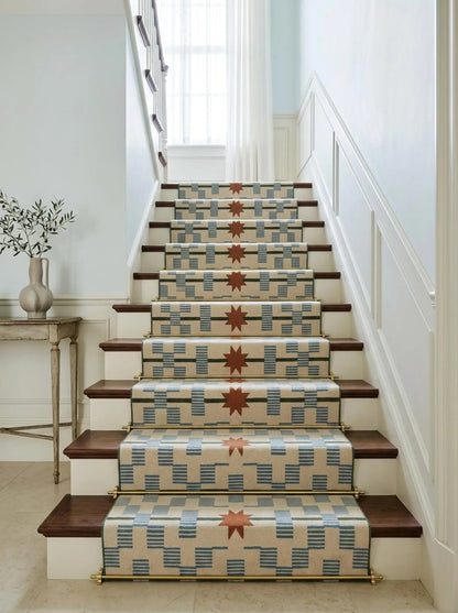 Hand-Tufted Wool Runner Light Blue, Terracotta Rust Stair Runner