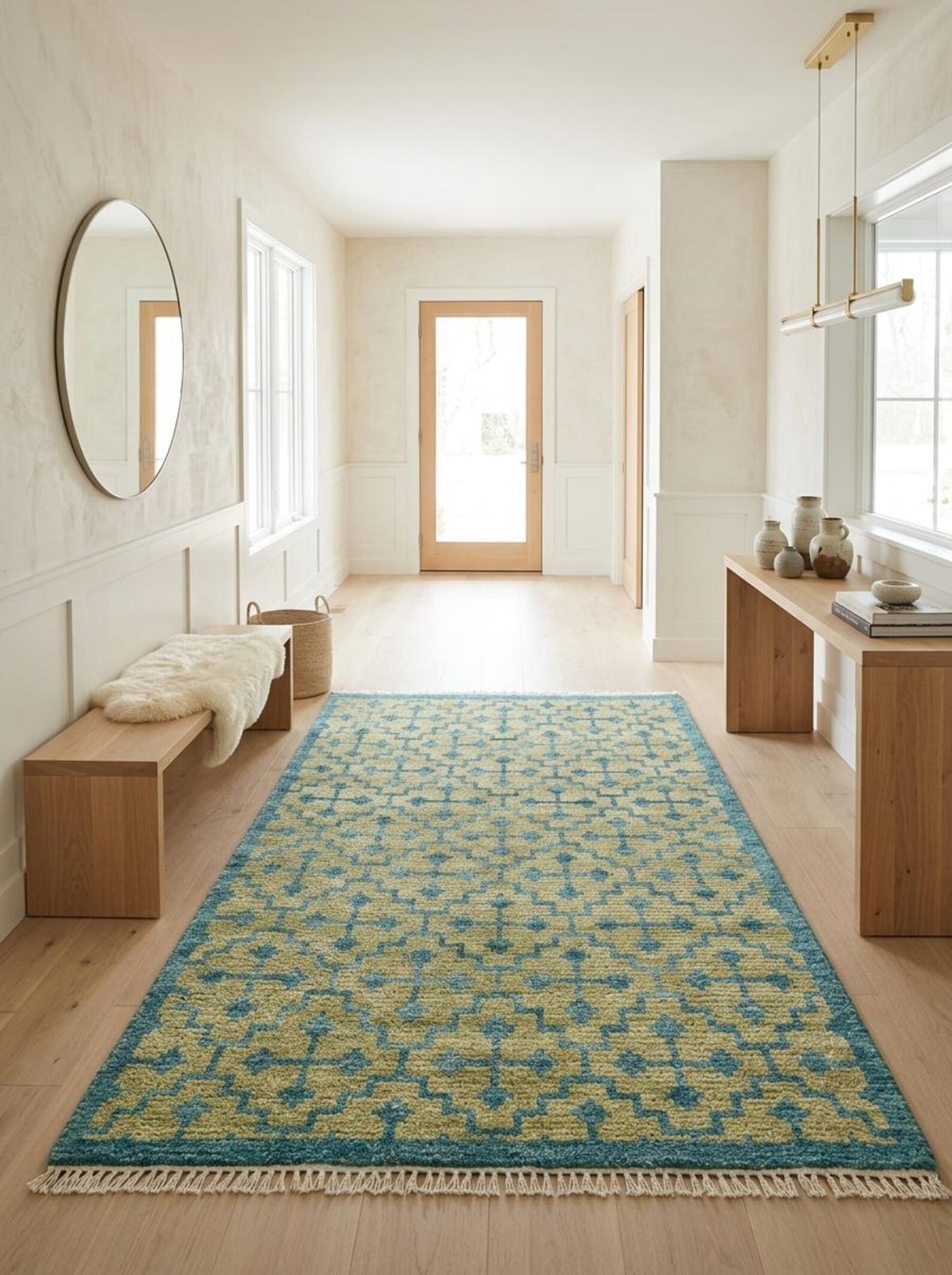Teal Lattice Olive Diamond Hand Knotted Rug