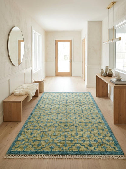 Teal Lattice Olive Diamond Hand Knotted Rug