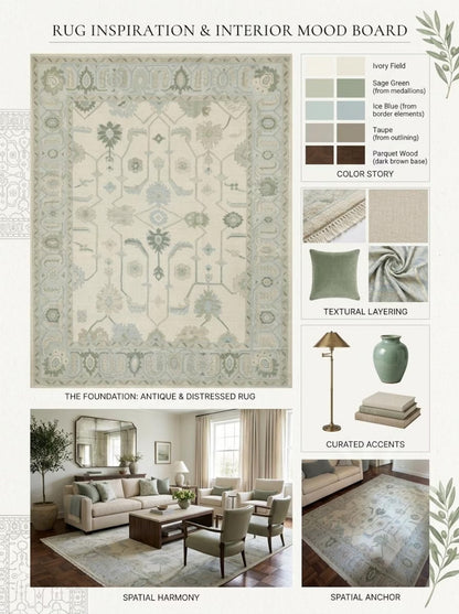 Hand Knotted Wool Ivory Floral Sage Green Blue Area Rug