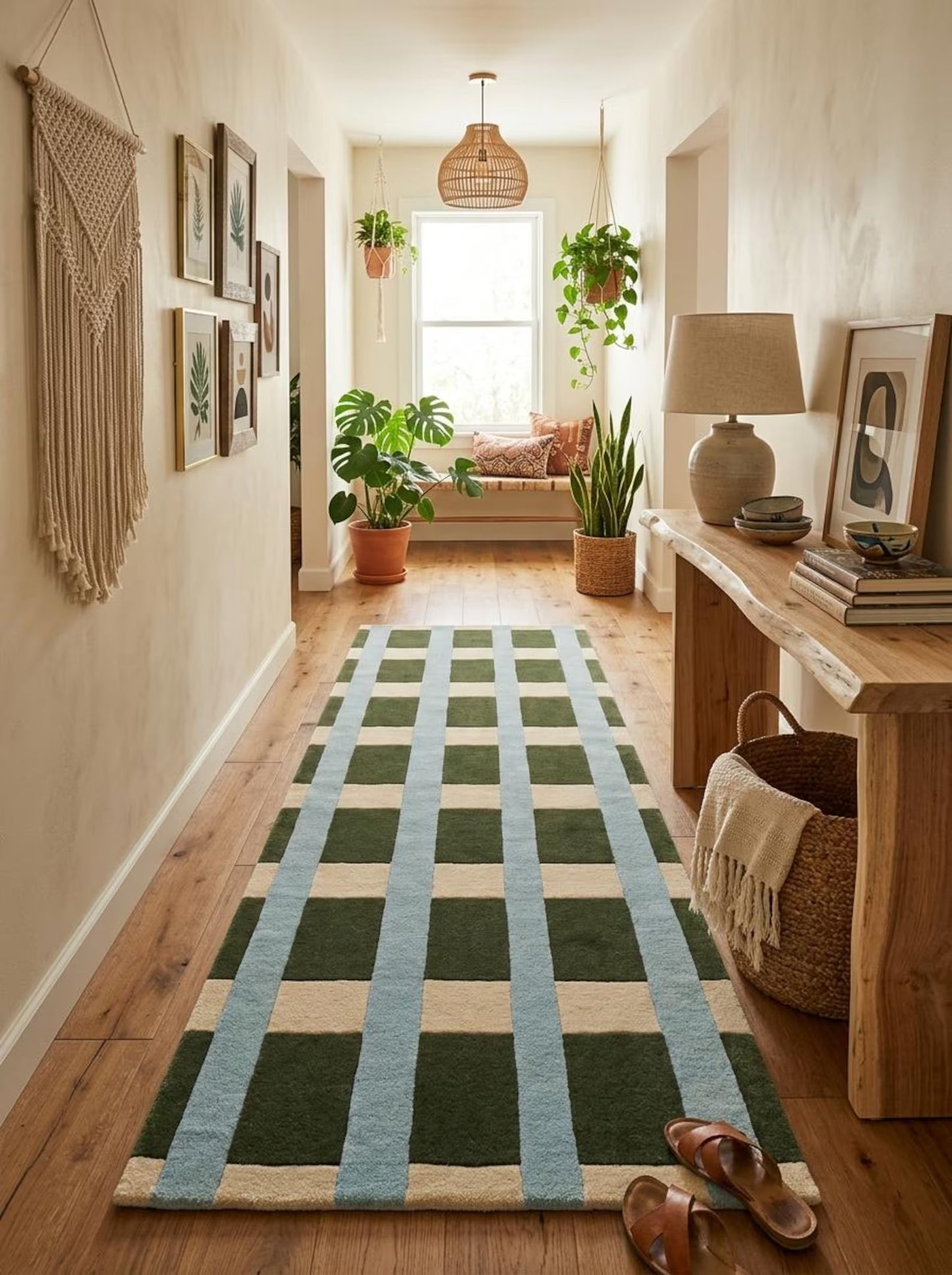Hand-tufted Wool Green-Blue Geometric Striped Runner