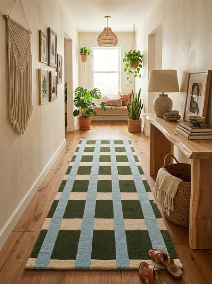 Hand-tufted Wool Green-Blue Geometric Striped Runner