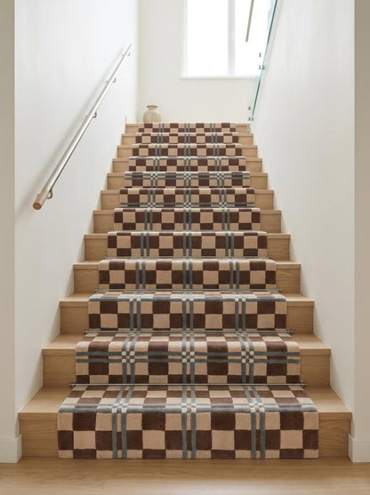 Hand Tufted Wool Runner Rug, Brown Beige Plaid Checkered Hallway Carpet