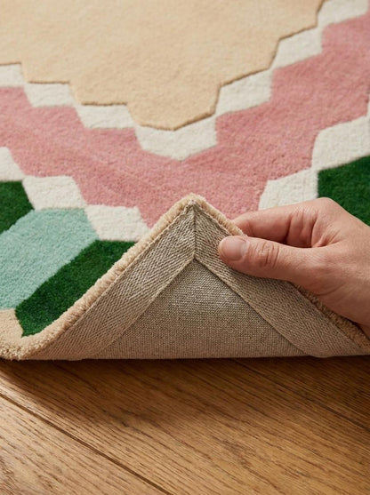 Geometric Border Carpet, Pink Green Area Rug, Nursery Living Room, Bedroom Tufted Rug