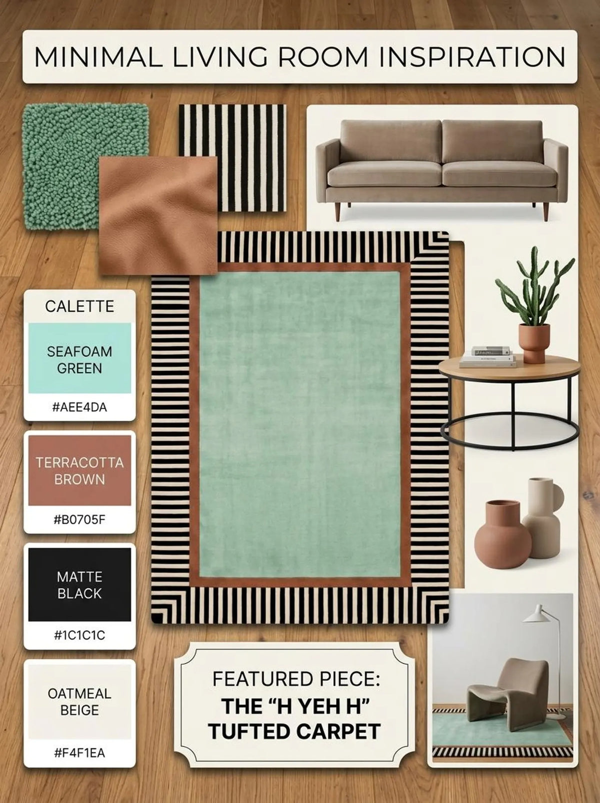 Hand Tufted Wool Rug, Mint Green Area Carpet, Black White Striped Border Rug, Modern Geometric Rug