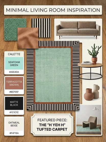 Hand Tufted Wool Rug, Mint Green Area Carpet, Black White Striped Border Rug, Modern Geometric Rug