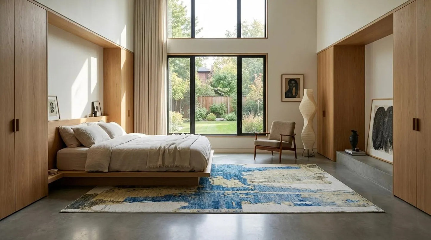 Modern Distressed Horizon Blue & Gold Wool Area Rug