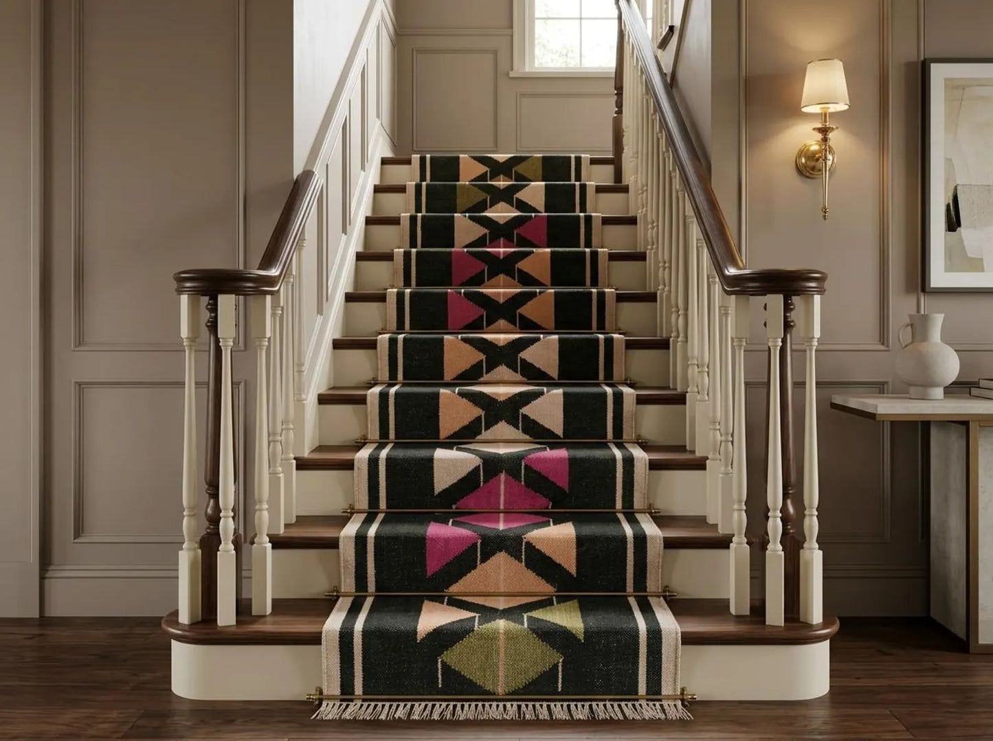 Handmade Wool Runner Rug Black Geometric Tribal Runner
