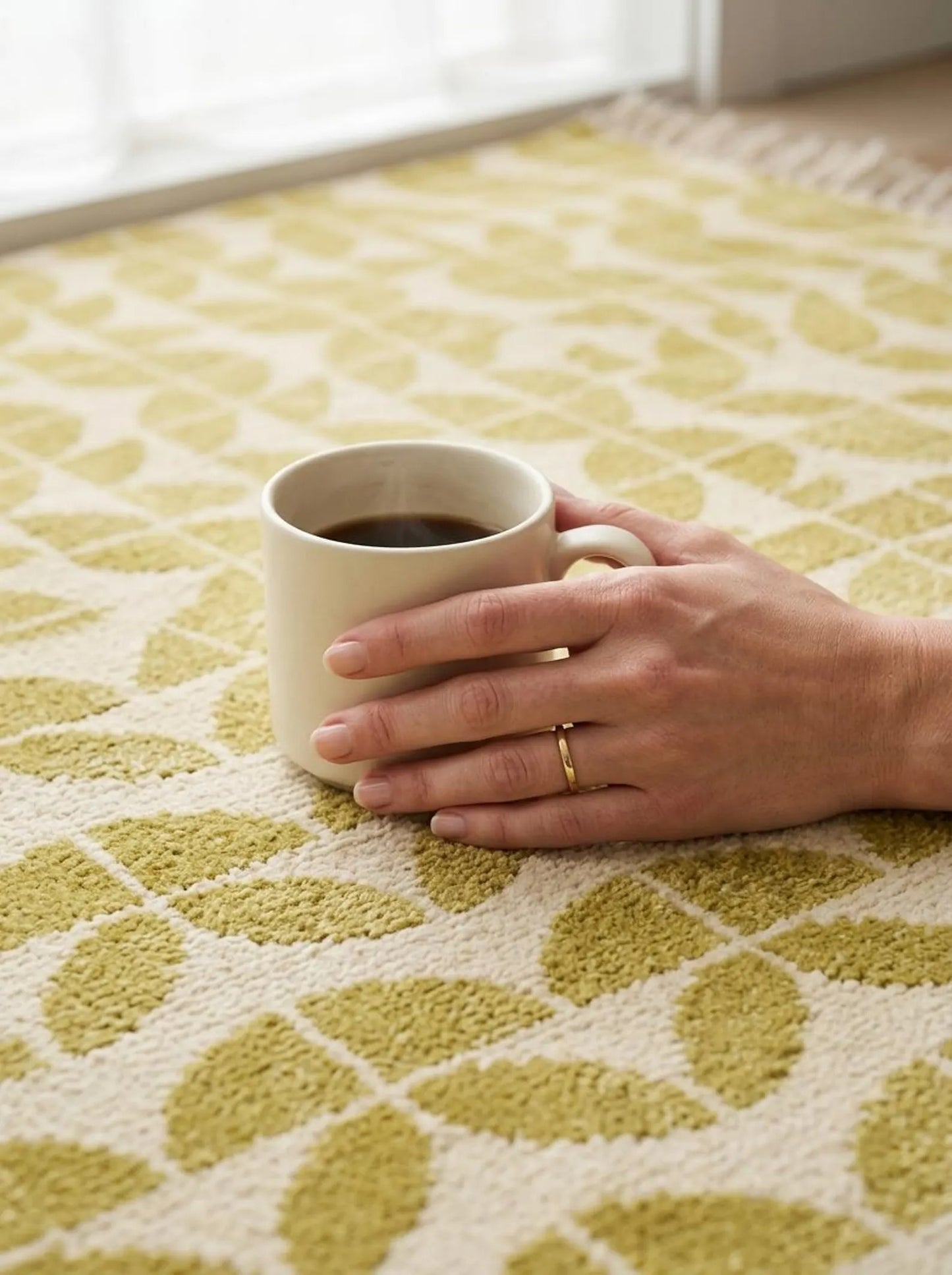 Modern Cream Leaf Pattern Hand Knotted Wool Oushak Rug