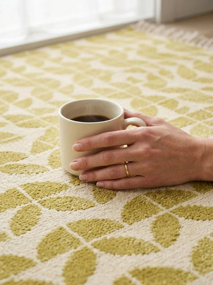 Modern Cream Leaf Pattern Hand Knotted Wool Oushak Rug