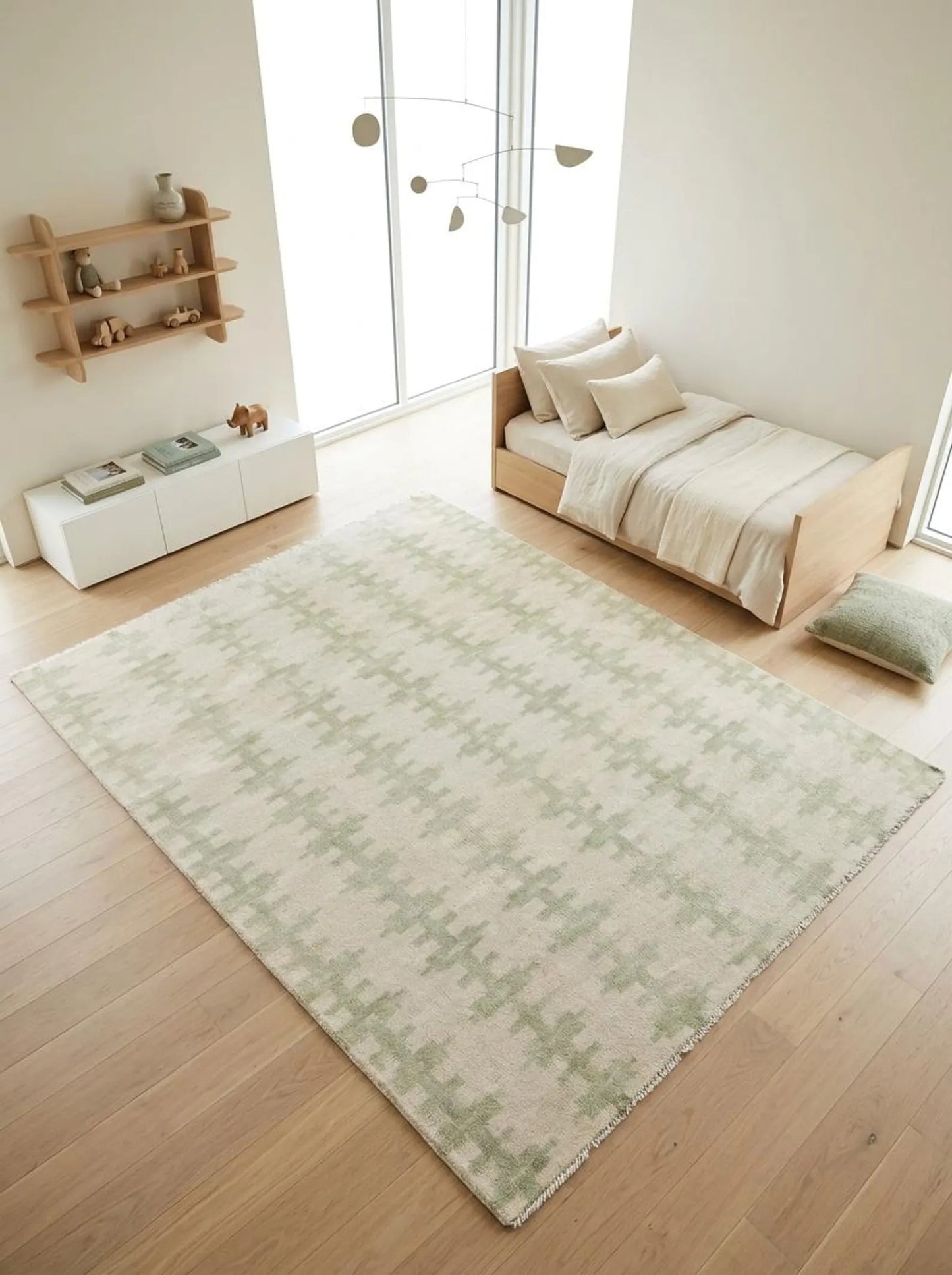 Handmade Green Wool Geometric Rug – Large Abstract Area Oushak Rug