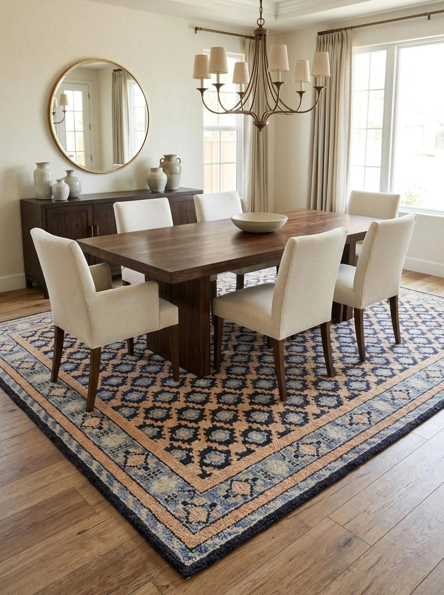 Hand Knotted Oushak Wool Rug Navy Blue & Peach Area Rug