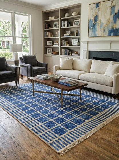 Luxury Indigo Oushak Floor Rug with Striped Border carpet