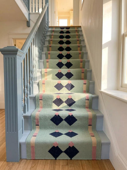 Blue Navy Geometric Pink Accent Boho Wool Flatweave Runner Rug