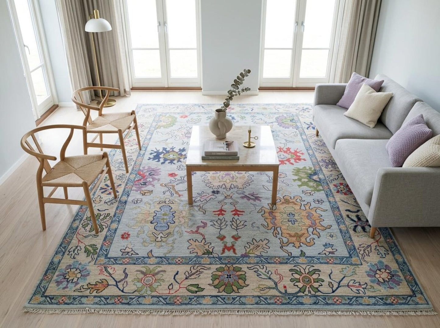 Vintage Floral Pastel Botanical Wool Hand Knotted Oushak Rug