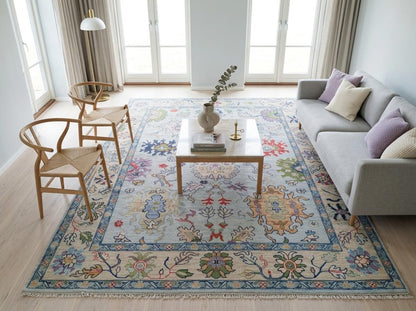 Vintage Floral Pastel Botanical Wool Hand Knotted Oushak Rug