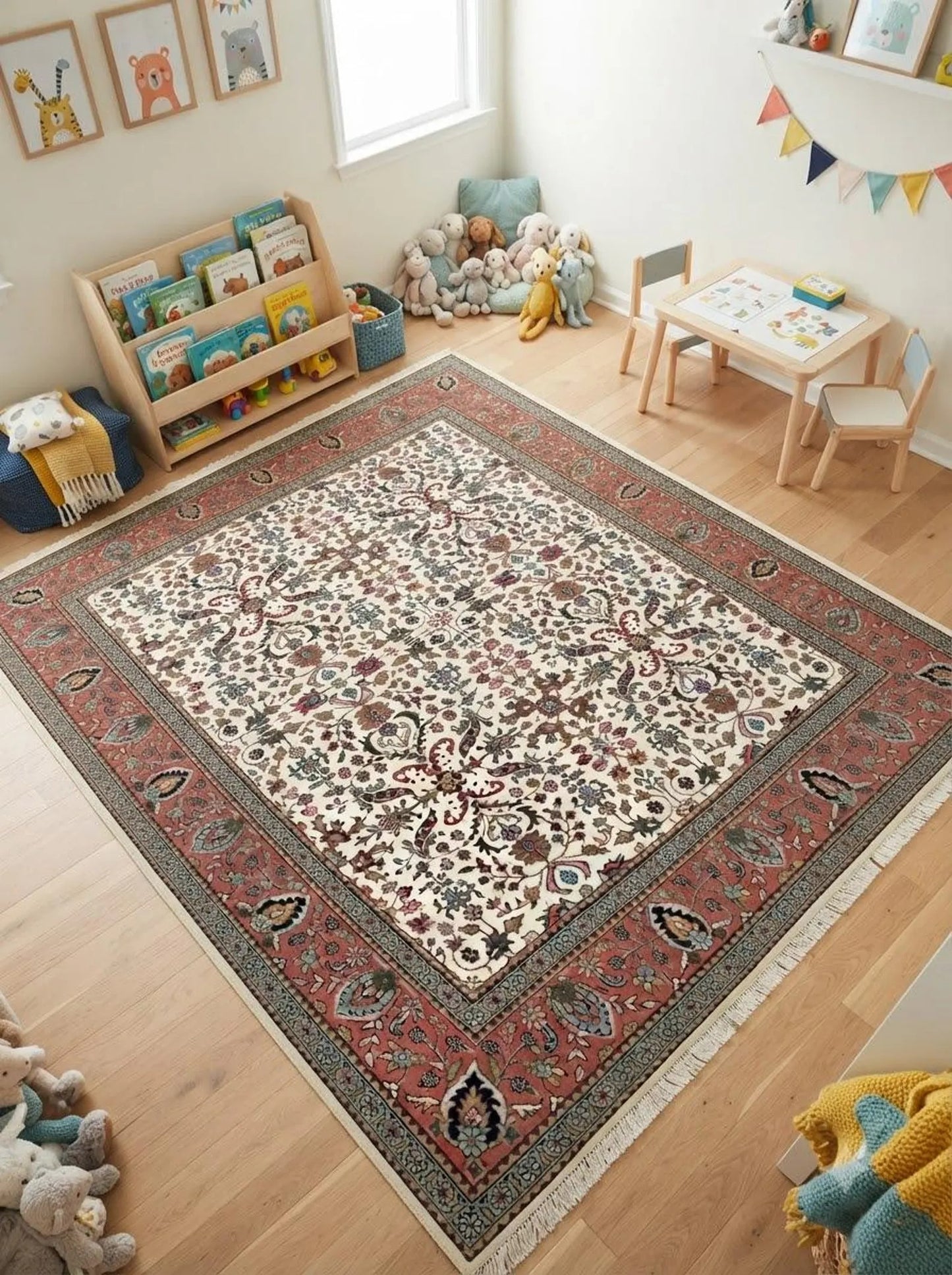 Traditional Botanical Pattern Red Ivory Designer Hand Knotted Floral Carpet
