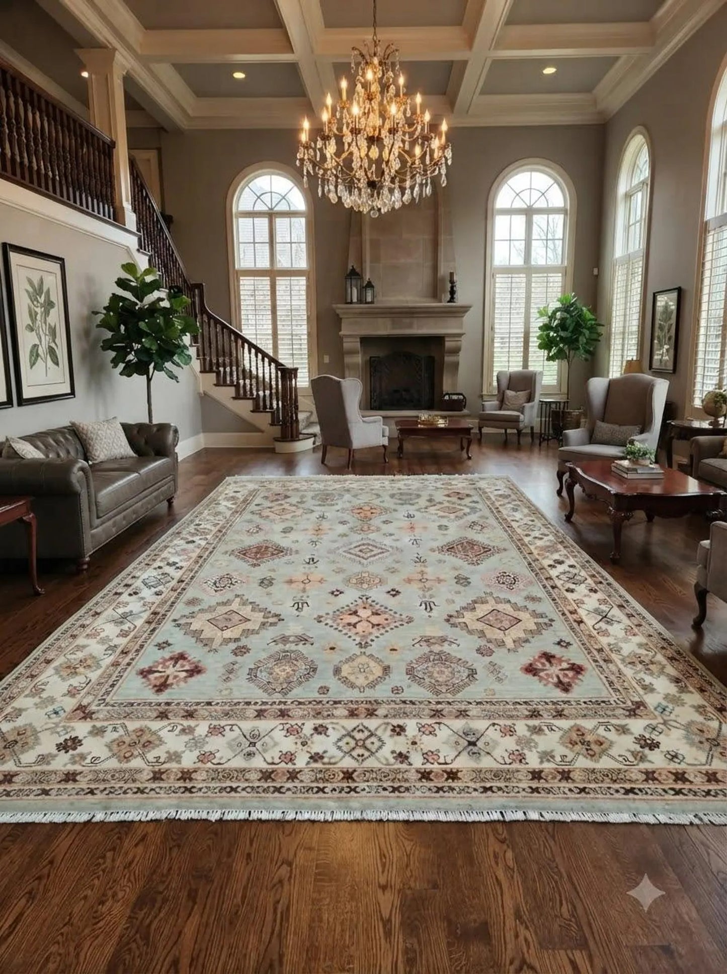 Vintage Sage Mosaic Tribal Geometric oushak Rug