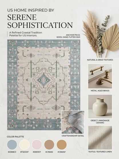 Muted Blue & Off White Medallion Rug Soft Pastel Aesthetic Carpet