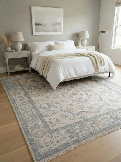 Ivory Blue Floral Oushak Inspired Bedroom Living Room Decor rug