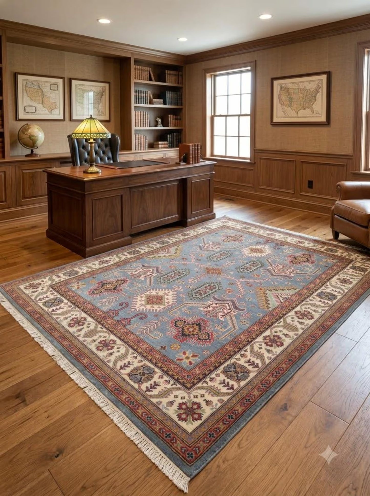 Hand-Knotted Wool Oushak Rug, Blue Tribal Area Carpet, Geometric Floral Modern Rug