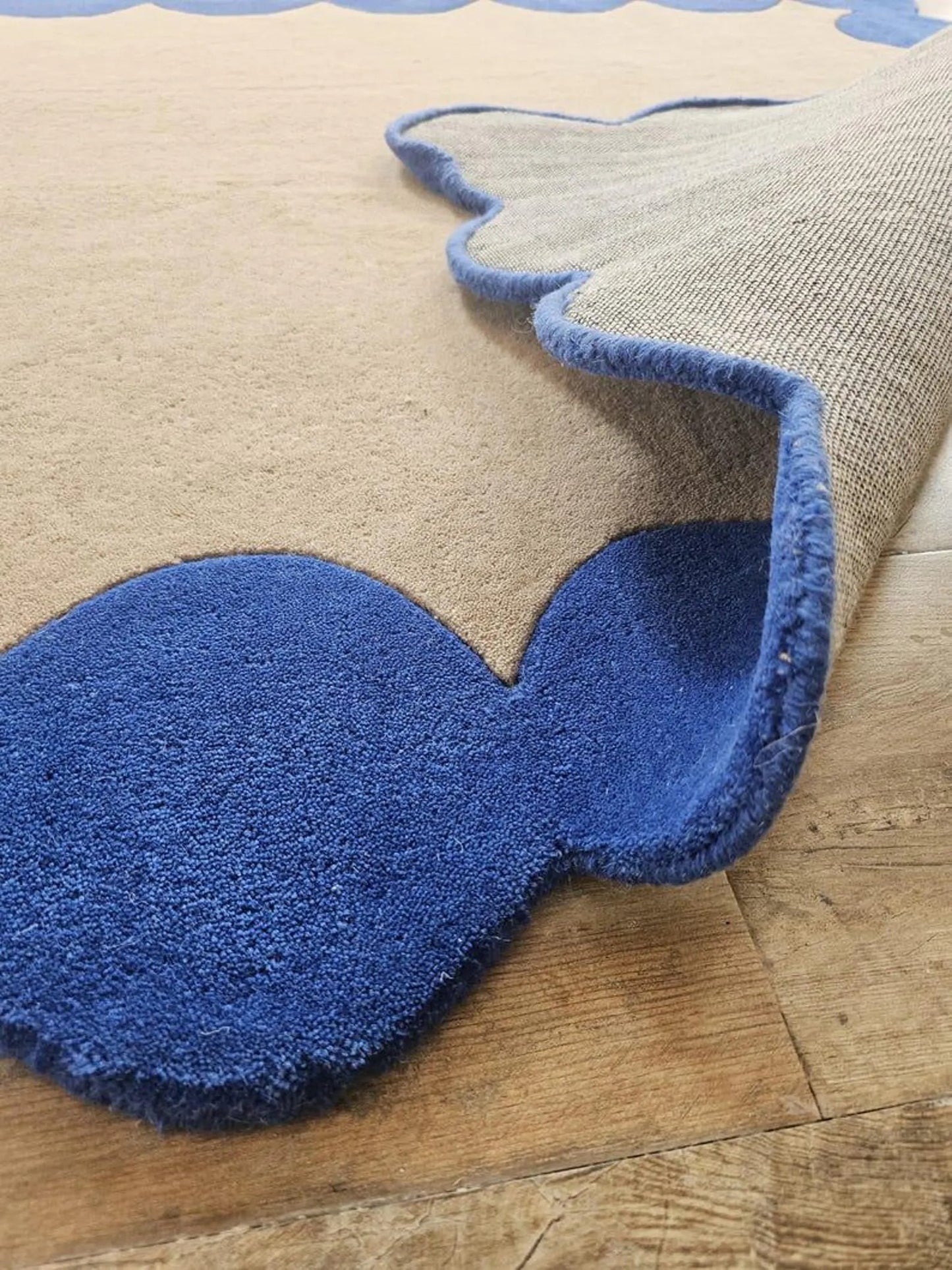 Blue Beige Hand Tufted Wool Runner Rug, Scalloped Edge Hallway Carpet