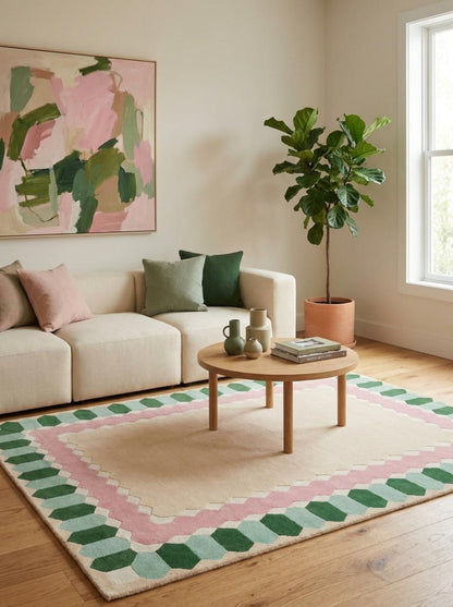 Geometric Border Carpet, Pink Green Area Rug, Nursery Living Room, Bedroom Tufted Rug