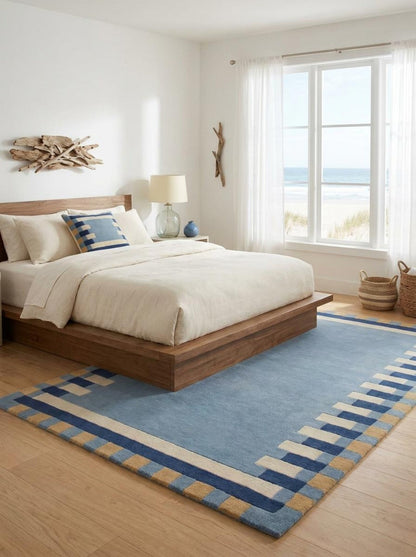 Dusty Blue Geometric Tufted Rug, Handmade Wool Area Rug Modern Nursery & Living Room Carpet