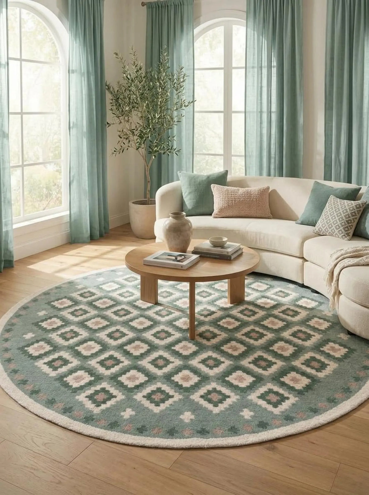 Pastel Green Hand Tufted Wool Rug, Geometric Diamond Pattern Carpet