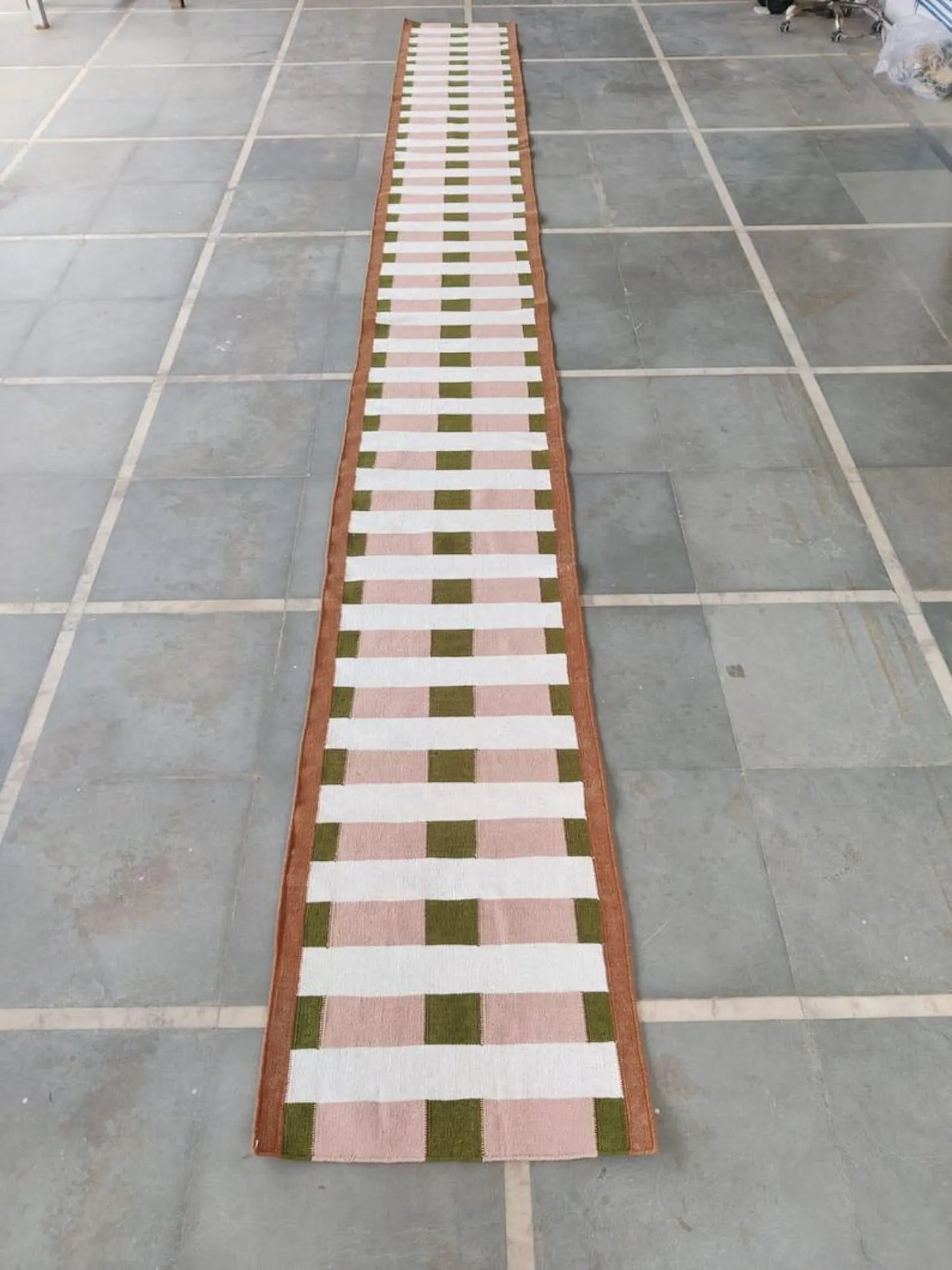 Handwoven Olive Green & Blush Pink Checkered Hallway Runner