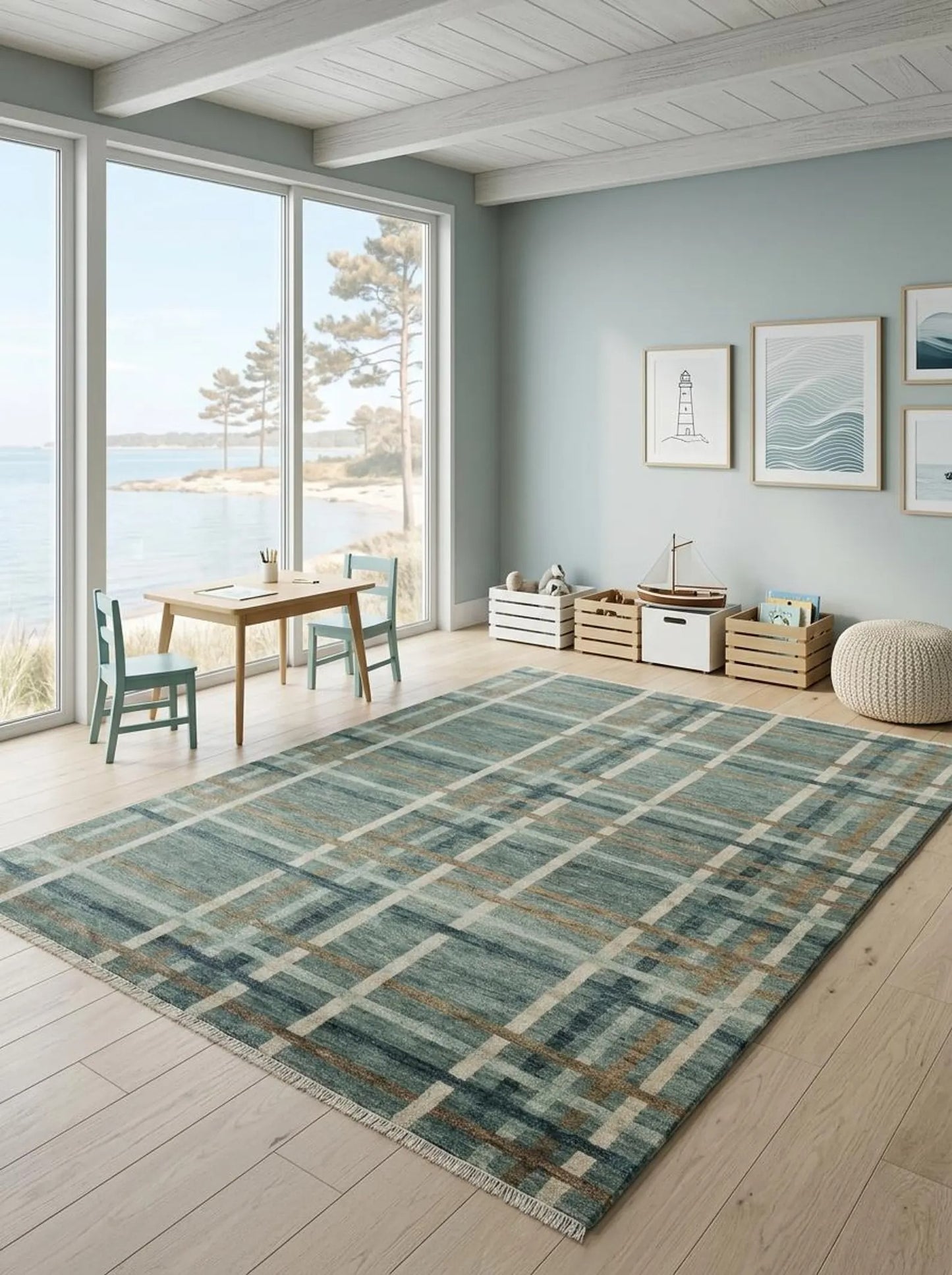 Rustic Slate Blue Checkered Custom Size US UK Interior Decor Rug