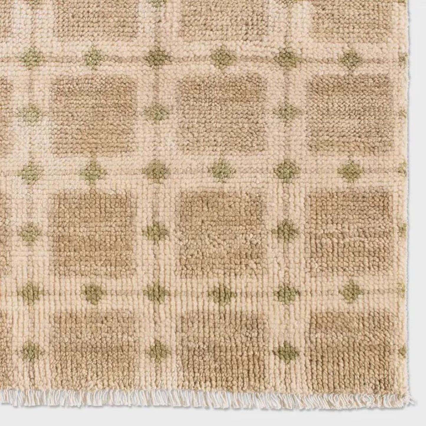 Hand-Knotted Beige Grid Plaid Neutral-Tone Rug