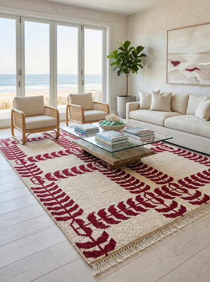 Crimson Red Hand Knotted Modern Geometric Rug