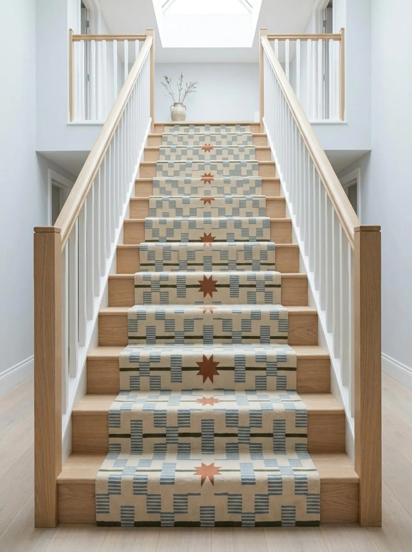 Hand-Tufted Wool Runner Light Blue, Terracotta Rust Stair Runner