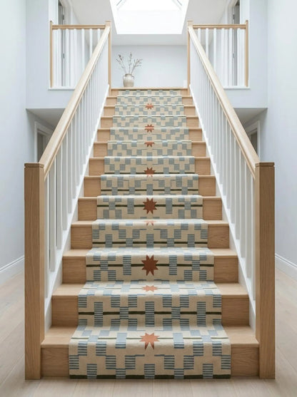 Hand-Tufted Wool Runner Light Blue, Terracotta Rust Stair Runner