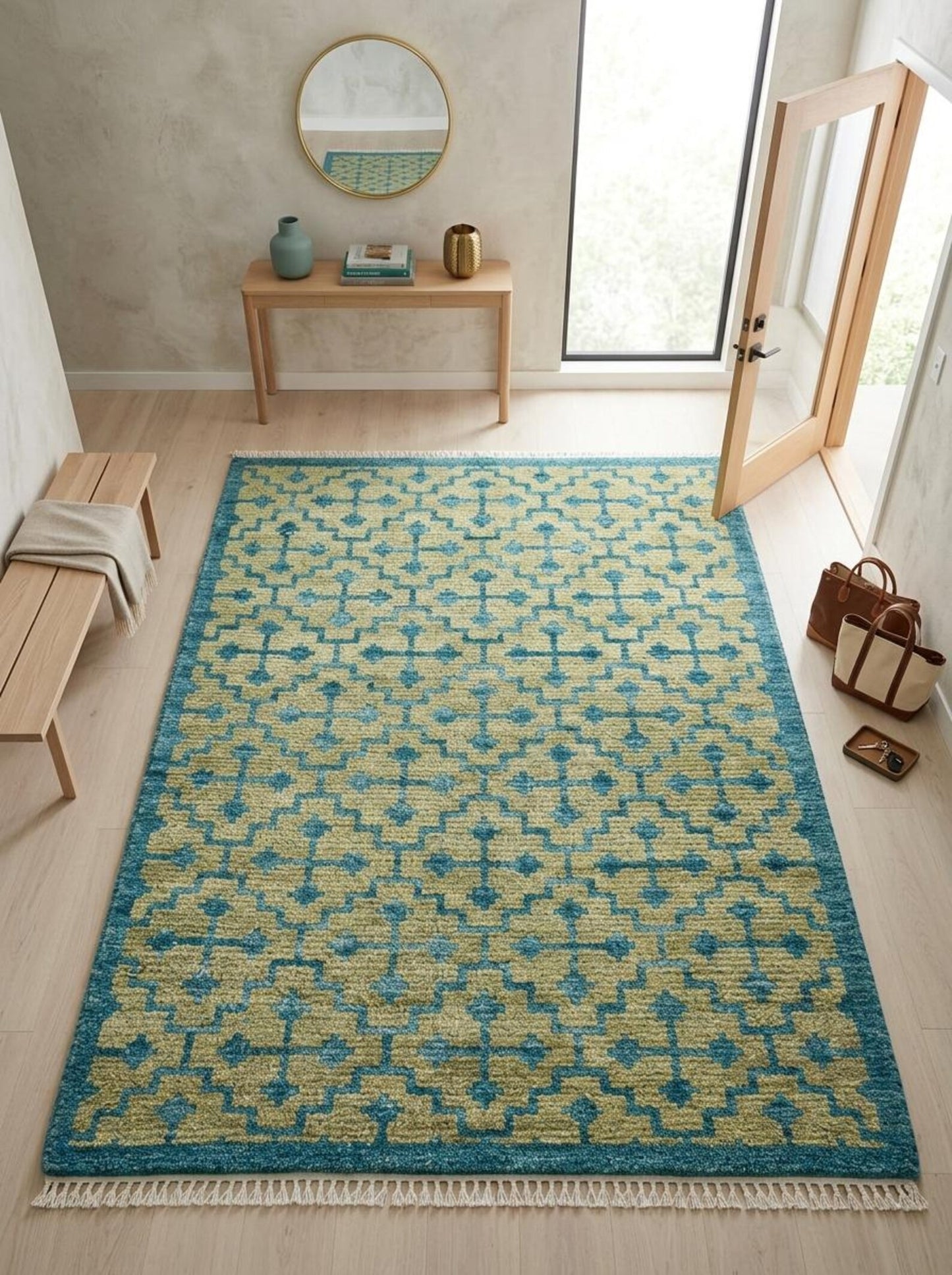 Teal Lattice Olive Diamond Hand Knotted Rug
