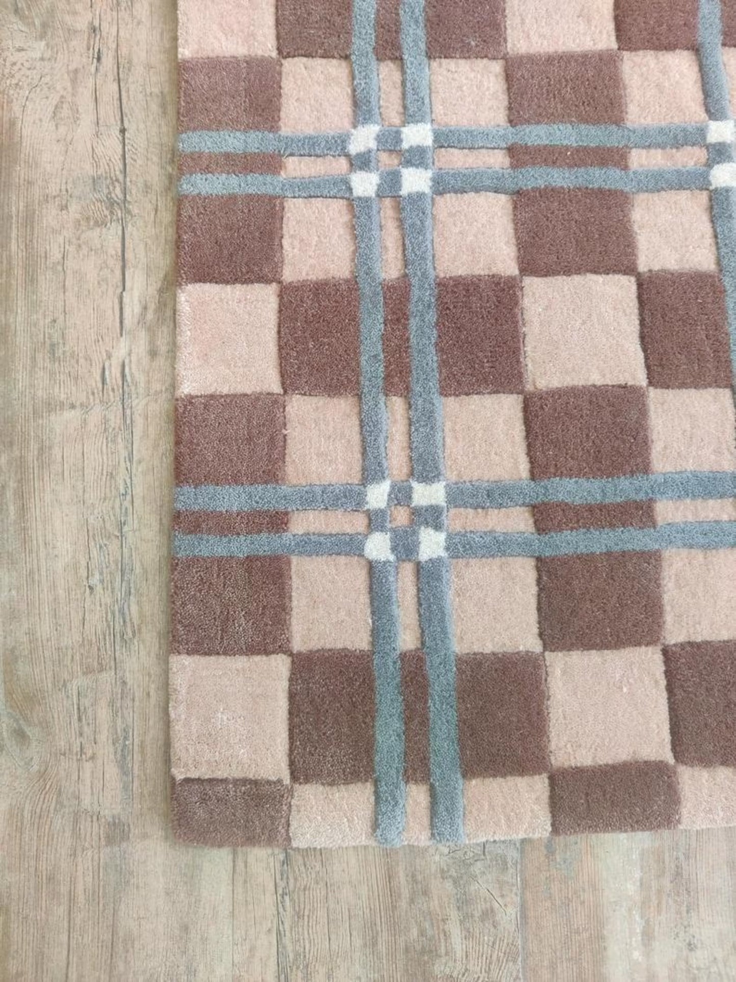 Hand Tufted Wool Runner Rug, Brown Beige Plaid Checkered Hallway Carpet