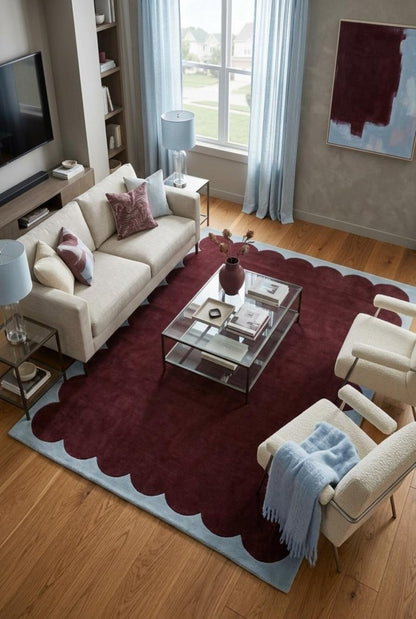 Burgundy Scalloped Area Rug, Maroon Wool Carpet, Handmade Bedroom Rug, Living Room Designer Rug