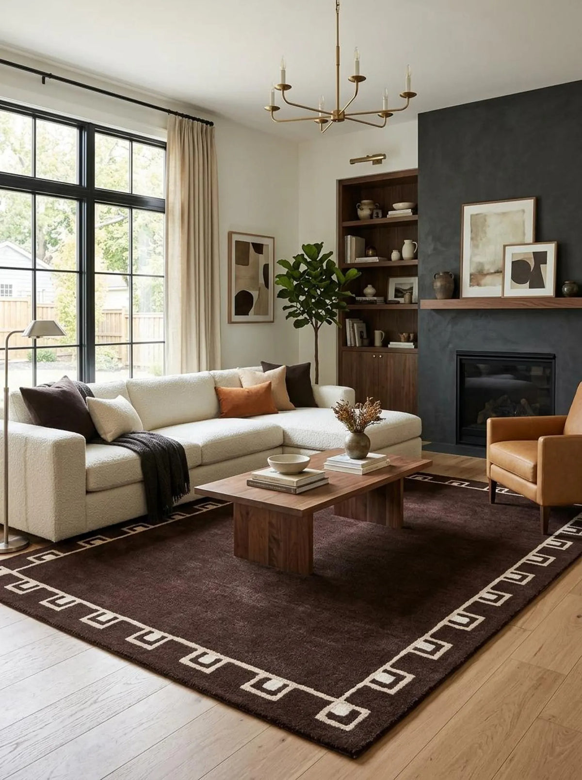 Hand-tufted Yves Bordered Wool Rug, Chocolate Brown Geometric Area Rug