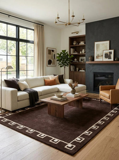 Hand-tufted Yves Bordered Wool Rug, Chocolate Brown Geometric Area Rug