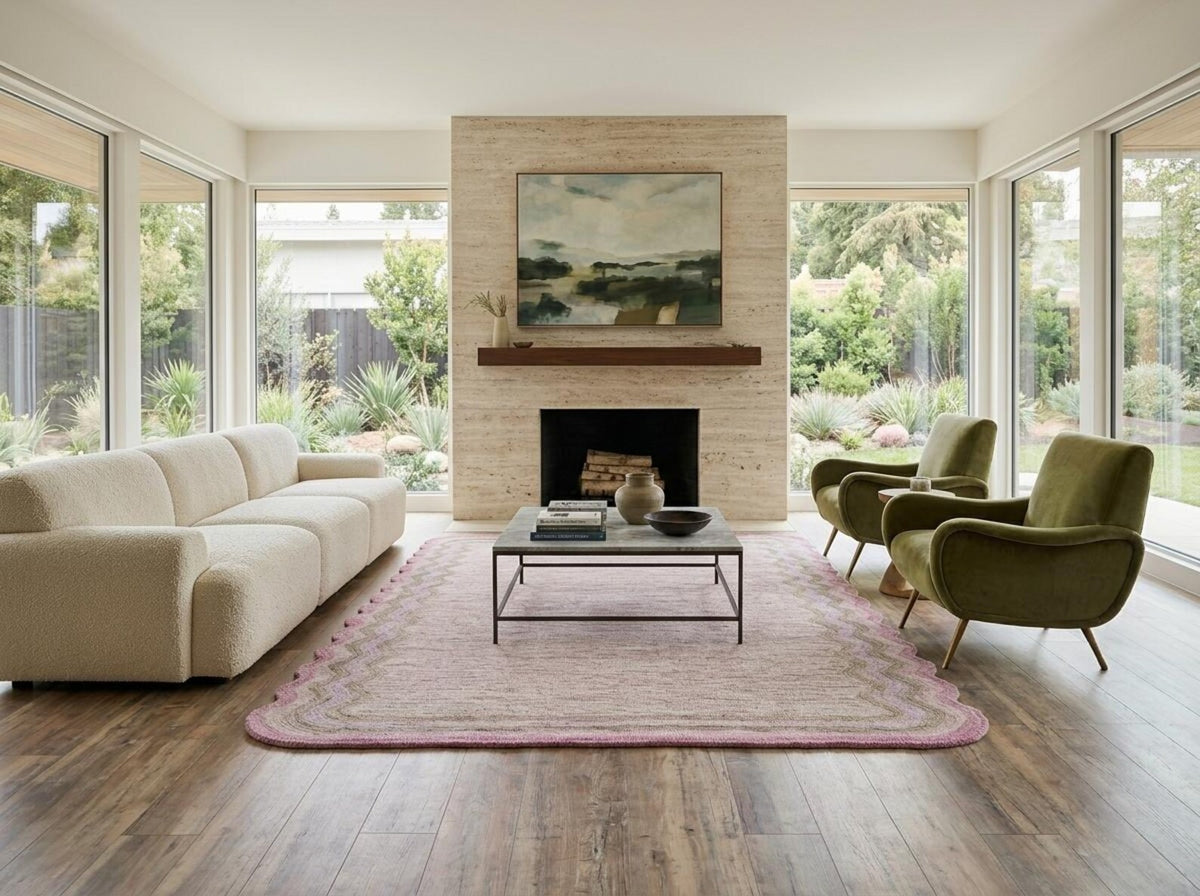 Hand Tufted Wool Carpet, Pink Scalloped Rug, Custom Shape Area Rug