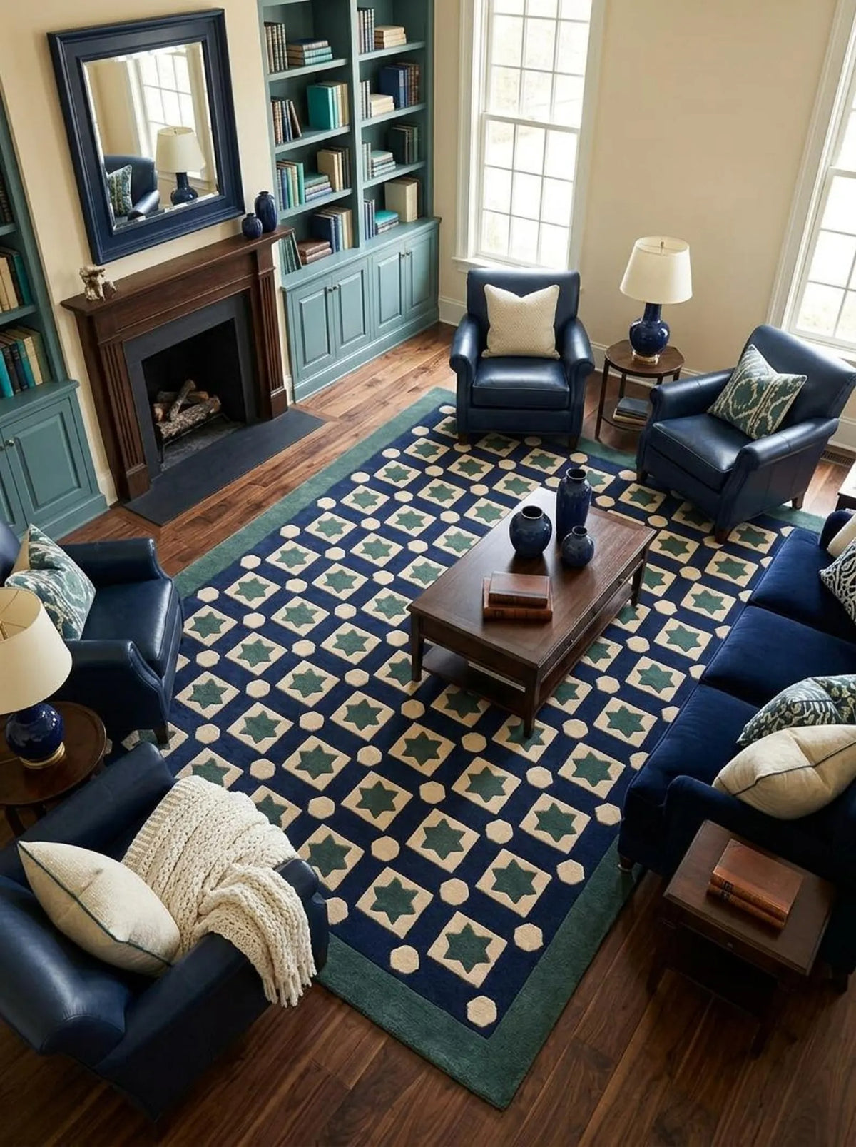 Blue Hand-Tufted Wool Rug,Custom Size Living Room Wool Carpet, Designer Carpet