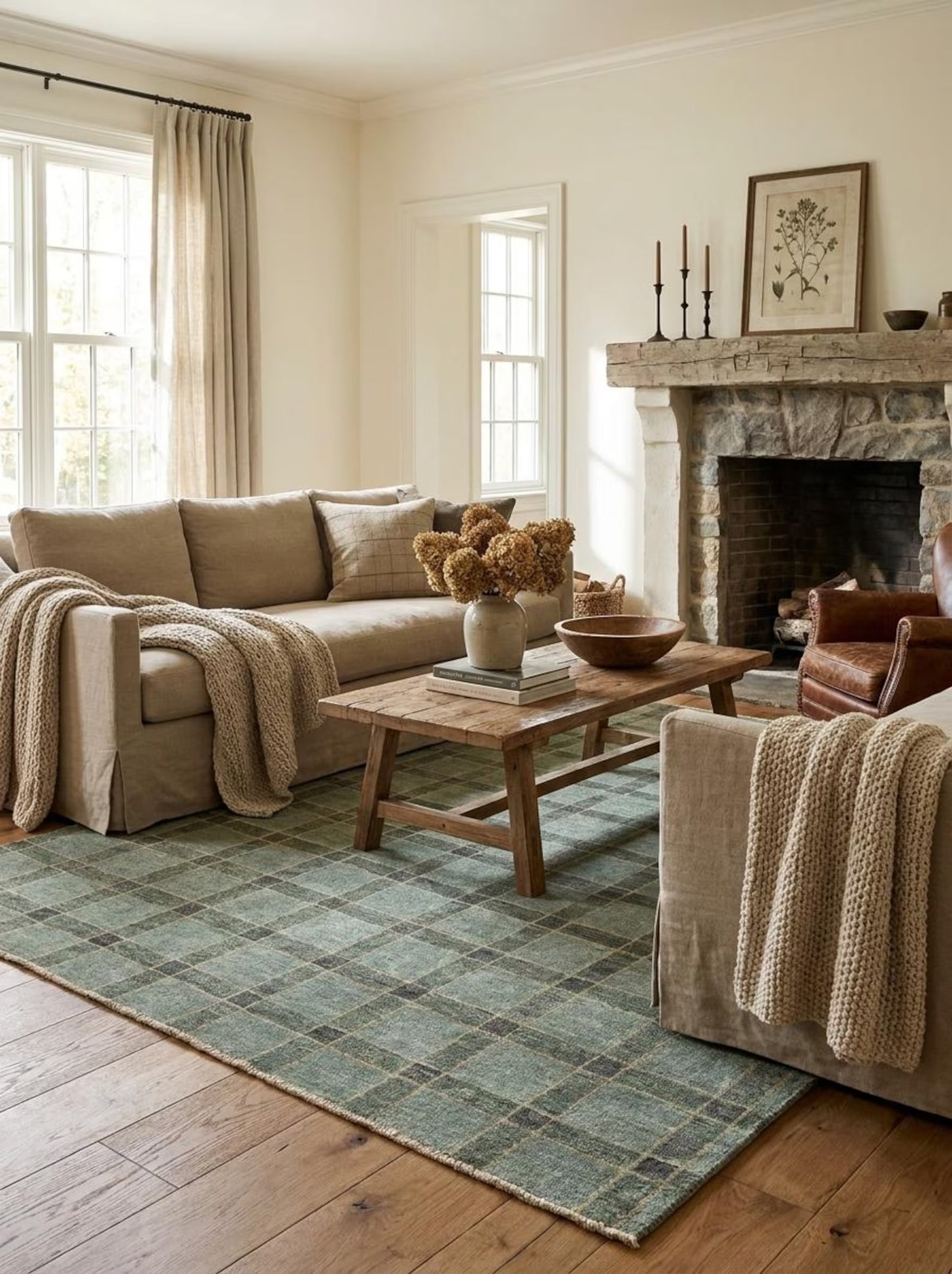 Hand-Knotted Wool Oushak Rug Sage Green Plaid Area Rug