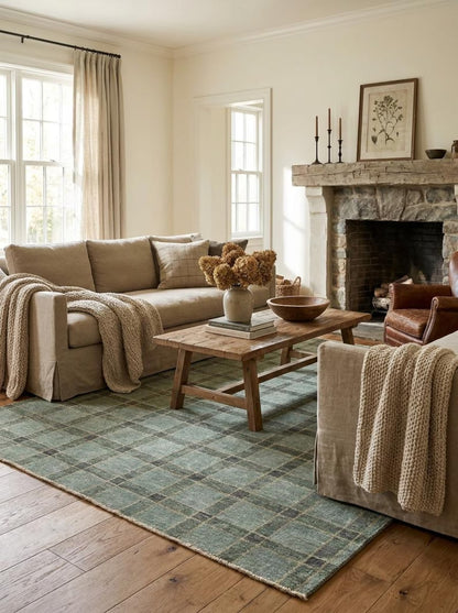 Hand-Knotted Wool Oushak Rug Sage Green Plaid Area Rug