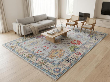 Vintage Floral Pastel Botanical Wool Hand Knotted Oushak Rug