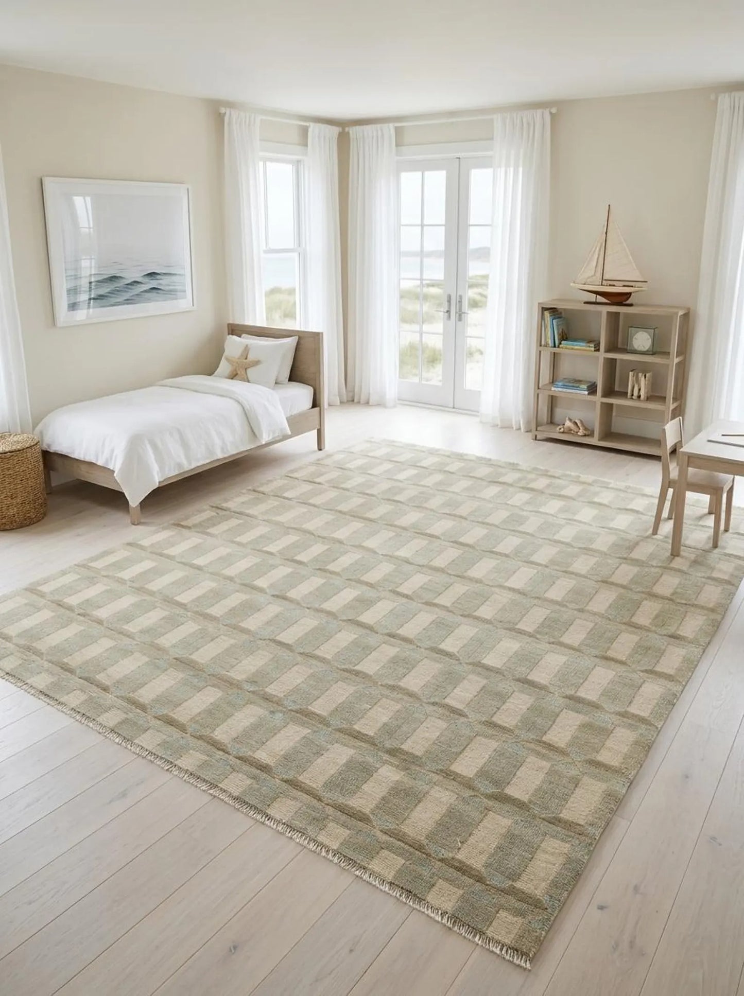 Beige Beveled Block Geometric Hand Knotted Wool Rug